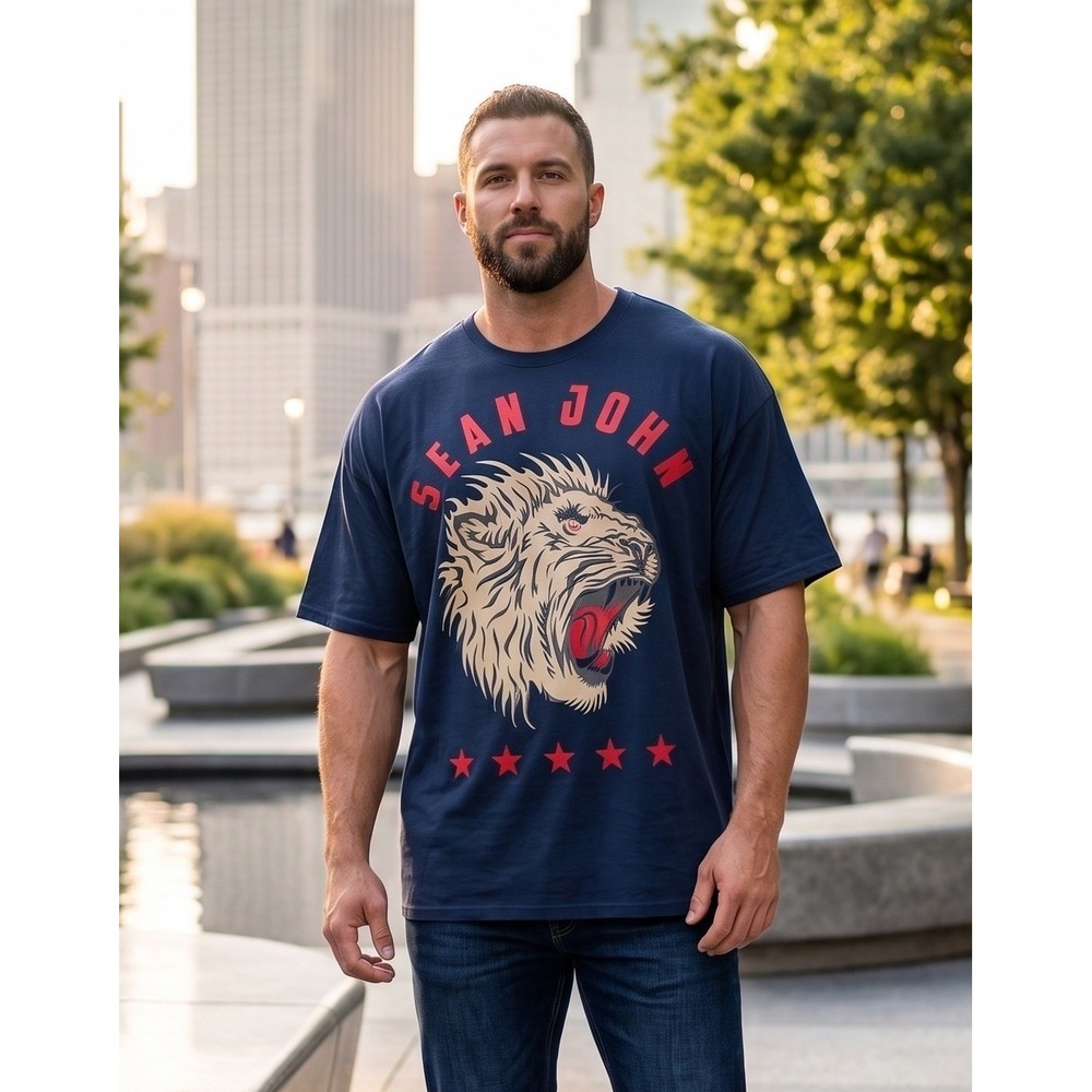 Sean John Night Sky Lion Graphic T-Shirt Men's 3XB Navy Blue Animal Print NWT